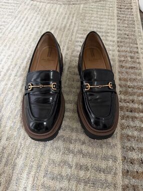Sam Edelman Black Patent Loafers with Brown Platform and Gold Bit